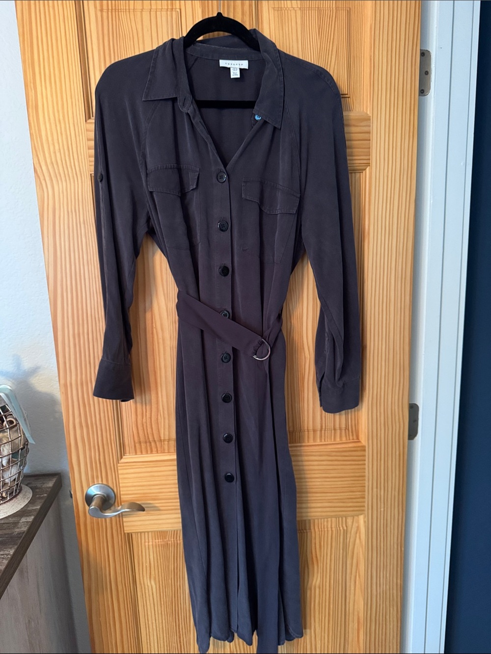 Topshop Charcoal Button-Front Long Sleeve Shirt Dress with Belt